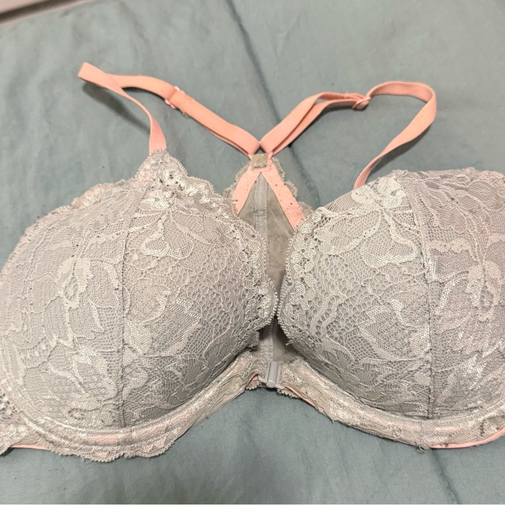 PINK Victoria's Secret Lace Date Racerback Bra 34D- Gray & Pink